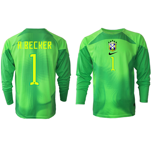 Camisa de Futebol Brasil Alisson Becker #1 Goleiro Equipamento Secundário Mundo 2022 Manga Comprida